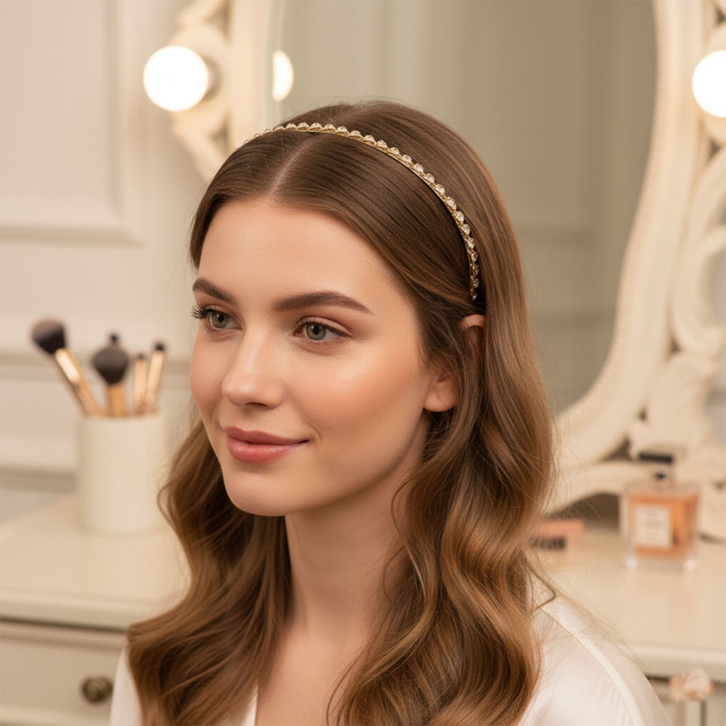 Wukusy elegant metal hair band with sparkling crystal studs, stylish accessory for women, shown on a model's hair.