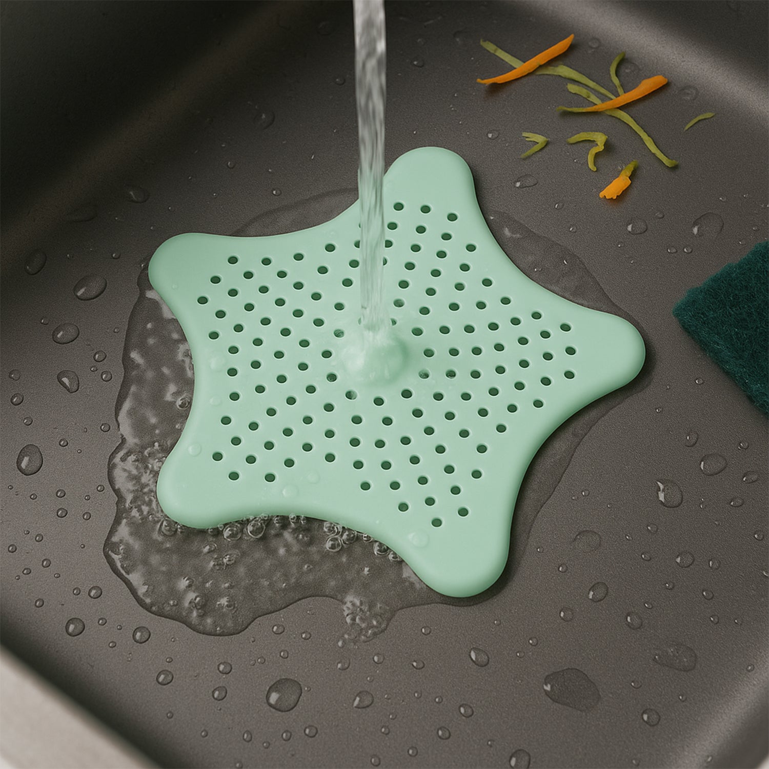 Mint green silicone star-shaped sink filter by Wukusy, designed to catch hair and debris in bathroom drain strainers.