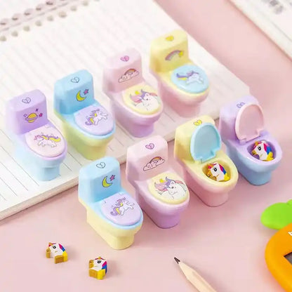 Wukusy toilet-shaped plastic pencil sharpener with eraser wheel, set of 2, featuring cute cartoon design for school stationery.