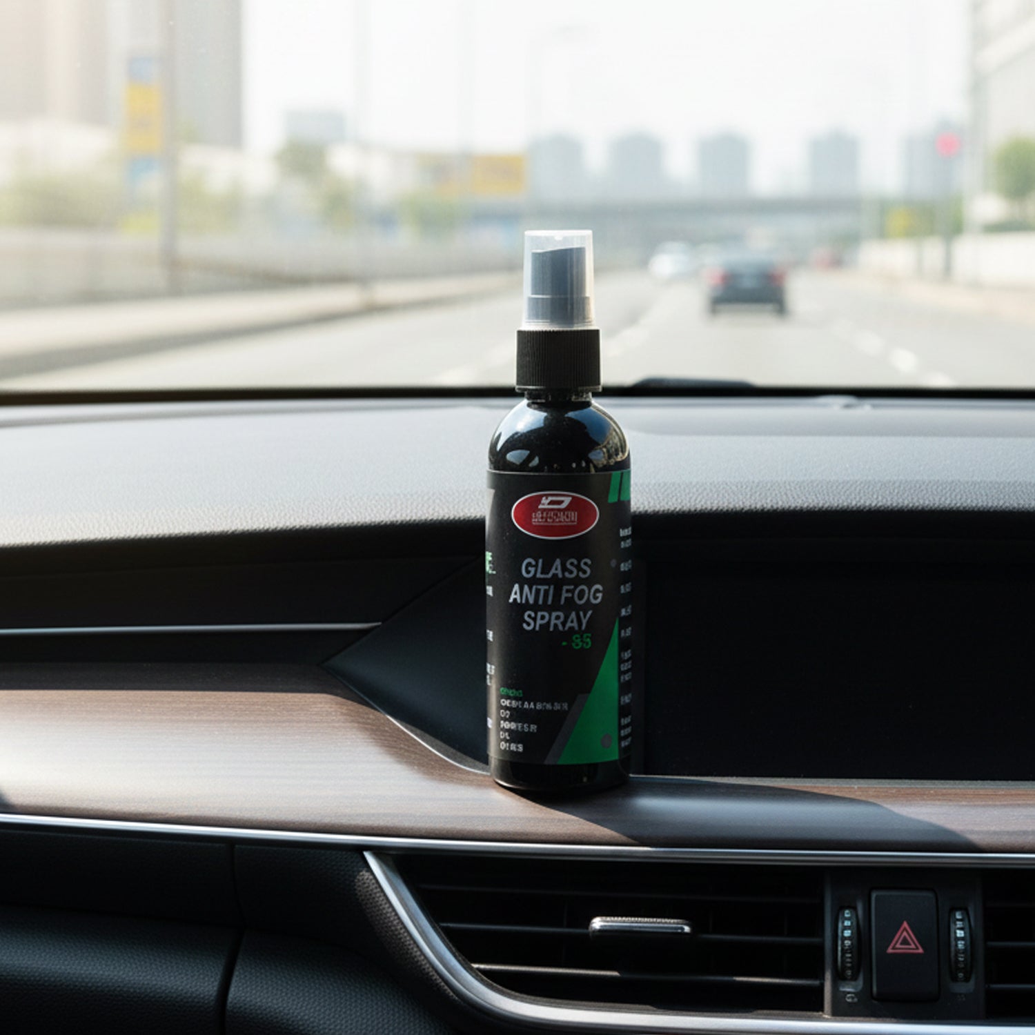 Wukusy anti-fog glass spray bottle for cars and home, showing spray nozzle and clear glass surface with fog prevention.