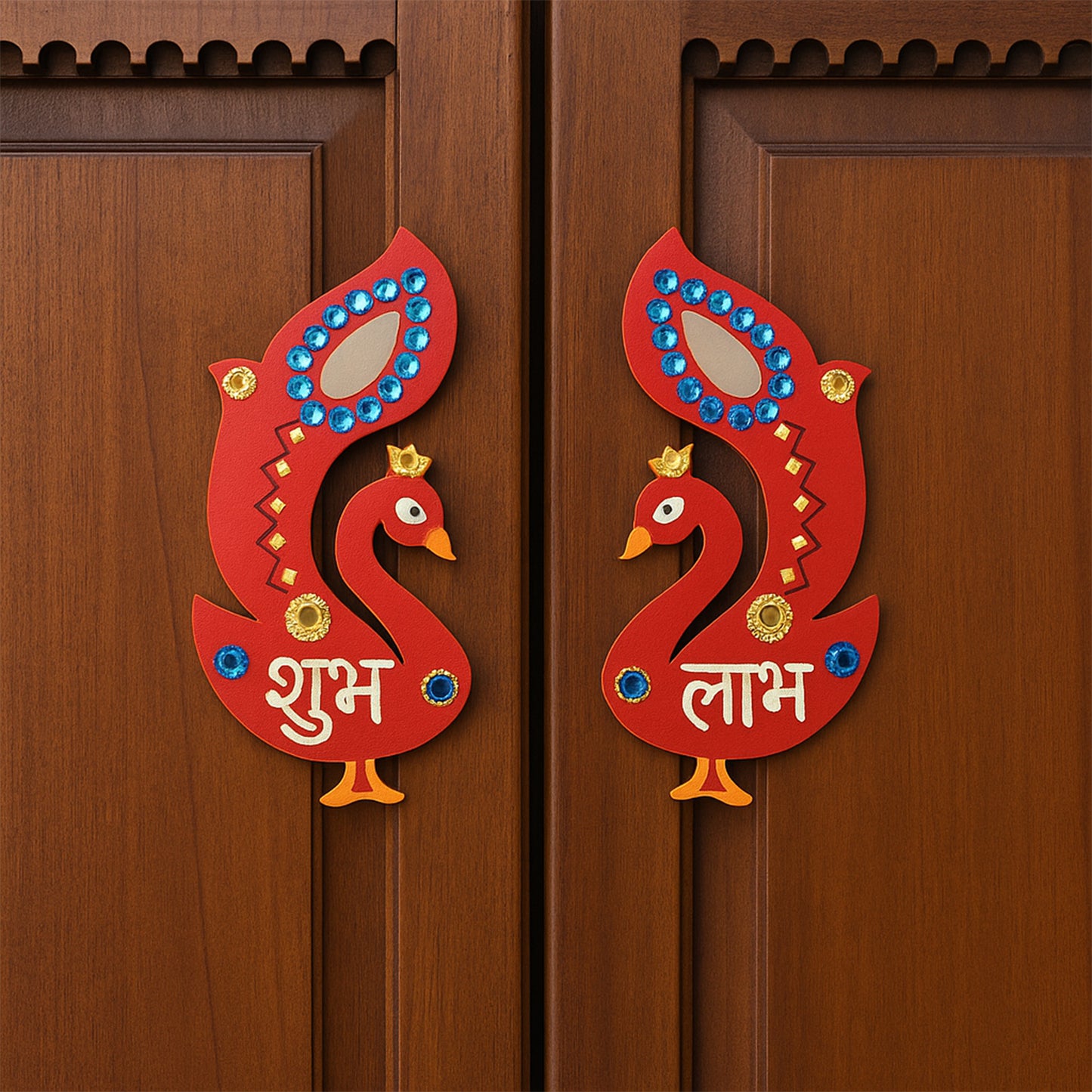 Decorative wooden Shubh Labh wall hanging set for home decor, featuring traditional Indian symbols in natural wood finish.