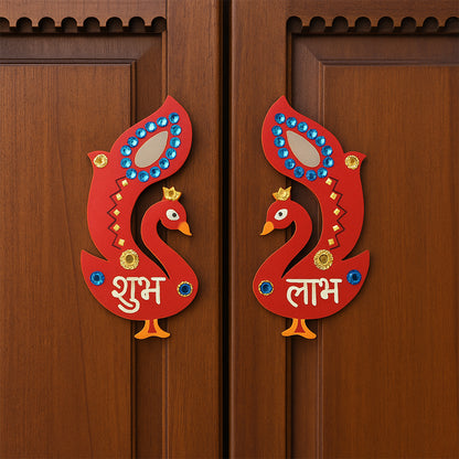 Decorative wooden Shubh Labh wall hanging set for home decor, featuring traditional Indian symbols in natural wood finish.