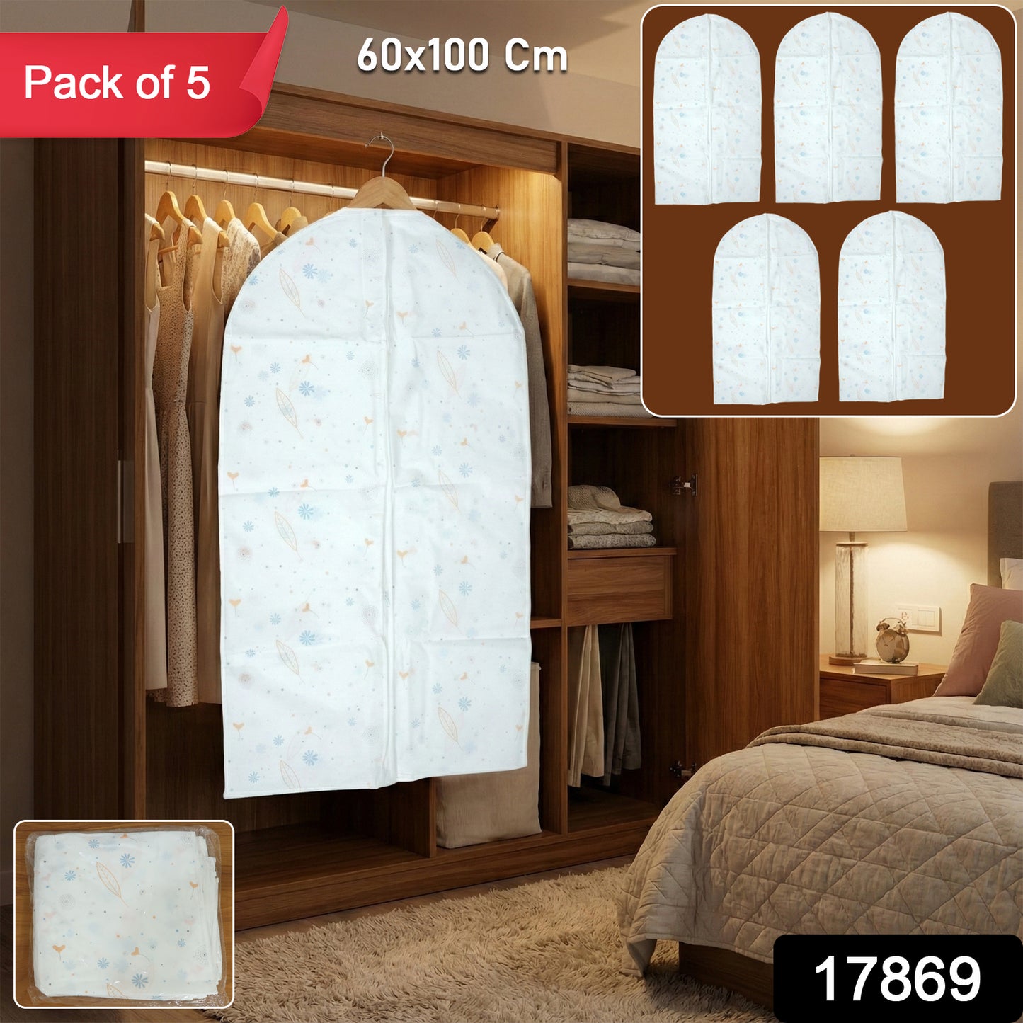Pack of 5 Wukusy hanging garment cover bags, 60-100 cm, breathable protective storage for clothes in a clear, lightweight design.