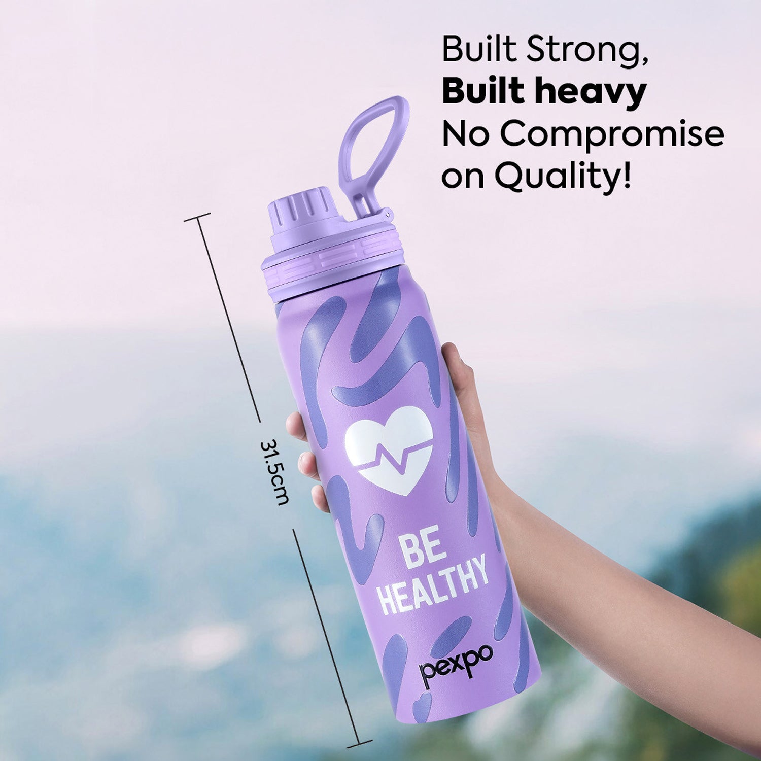 Wukusy Pexpo Austin Art stainless steel water bottle with 800ml capacity, featuring a sleek design and secure screw-top lid