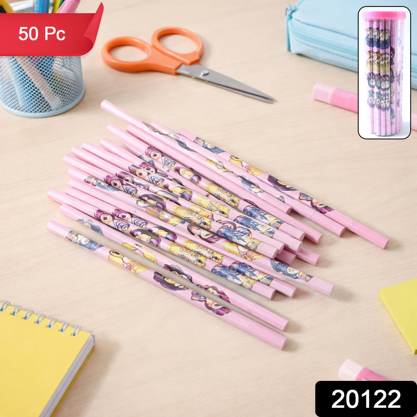 Set of 50 cartoon printed wooden pencils from Wukusy, featuring colorful, playful designs on natural wood surfaces.