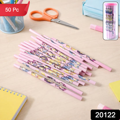 Set of 50 cartoon printed wooden pencils from Wukusy, featuring colorful, playful designs on natural wood surfaces.
