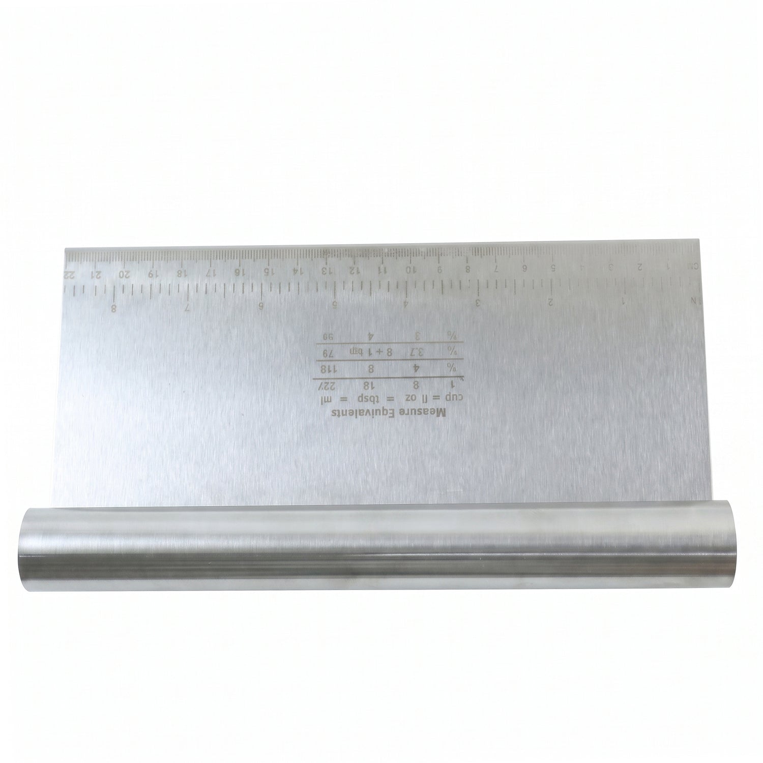 Wukusy stainless steel dough scraper cutter with scale, 22x12 cm, showing a sturdy blade and measurement markings for baking.