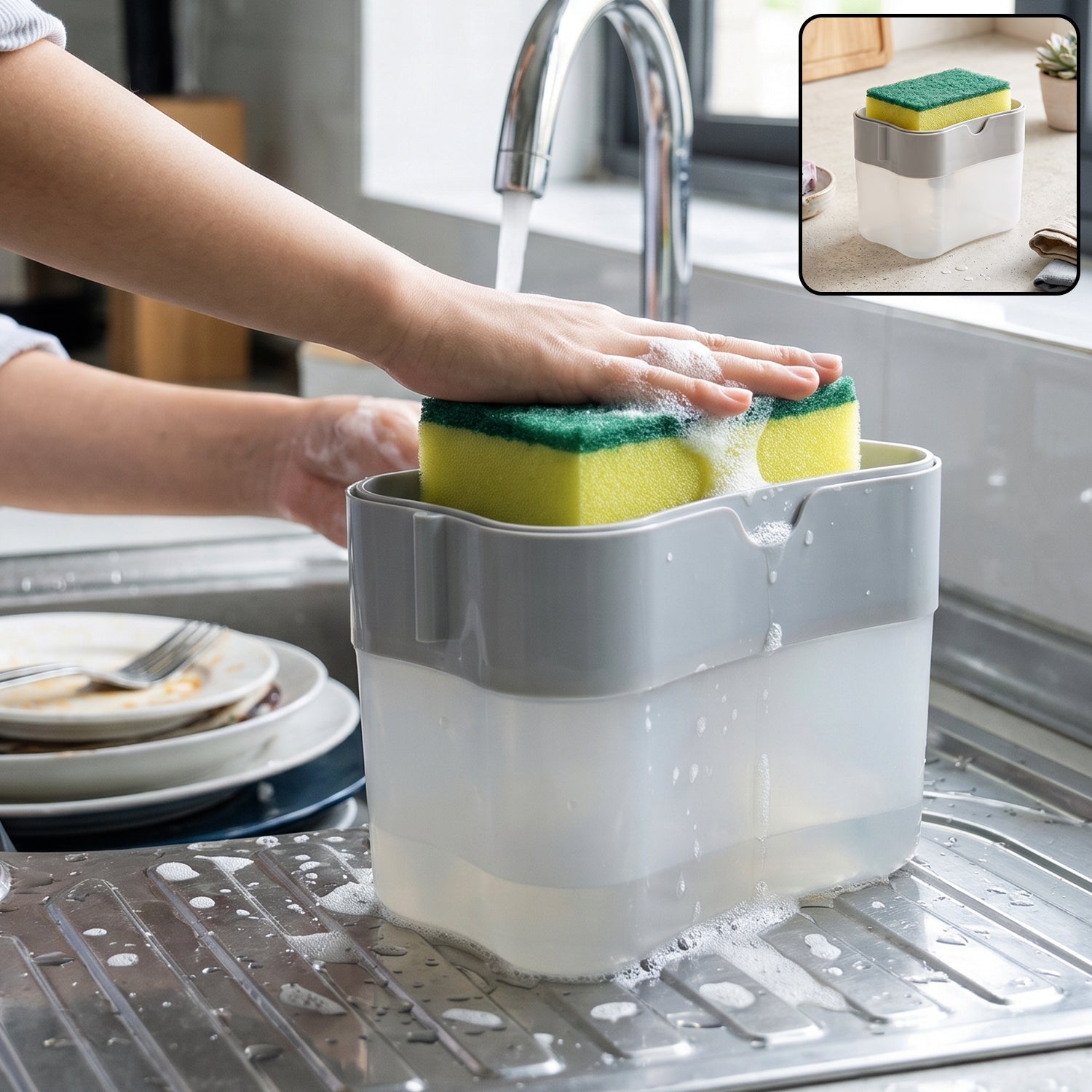 Soap Dispensing Sponge Holder Press Pump Caddy For Kitchen Sink (1 Set)
