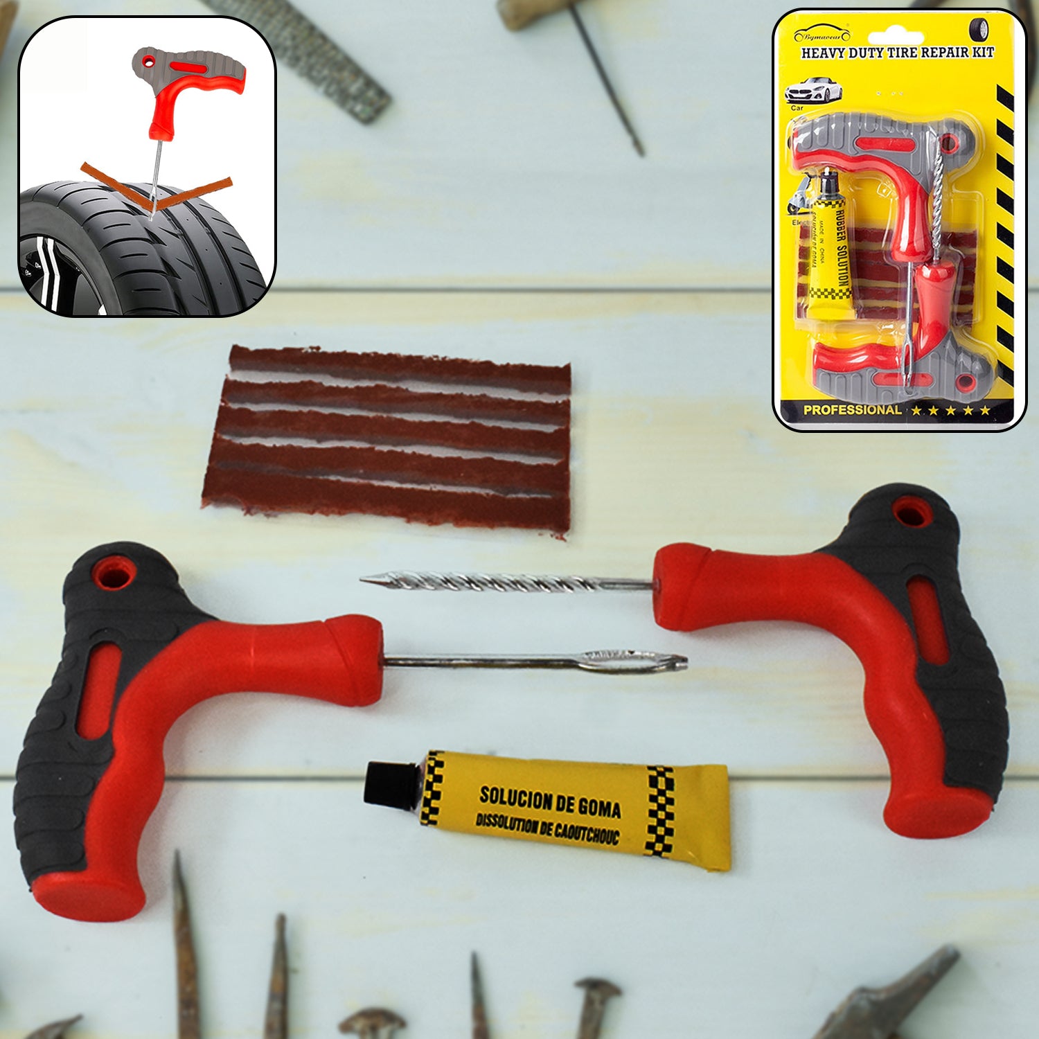 Wukusy 4-in-1 universal tubeless tyre puncture repair kit with puncher and patch tools for quick, effective tyre repair.