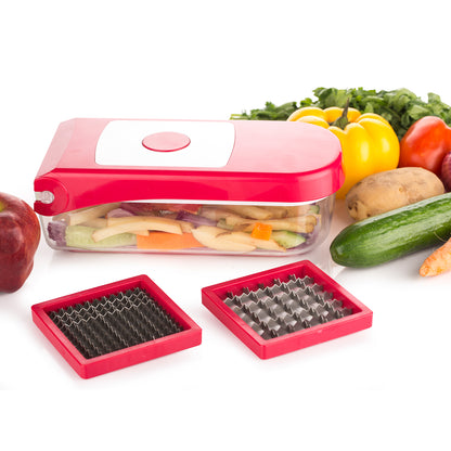 Red Wukusy Ganesh plastic chopper for vegetables and fruits, featuring a compact and durable design.