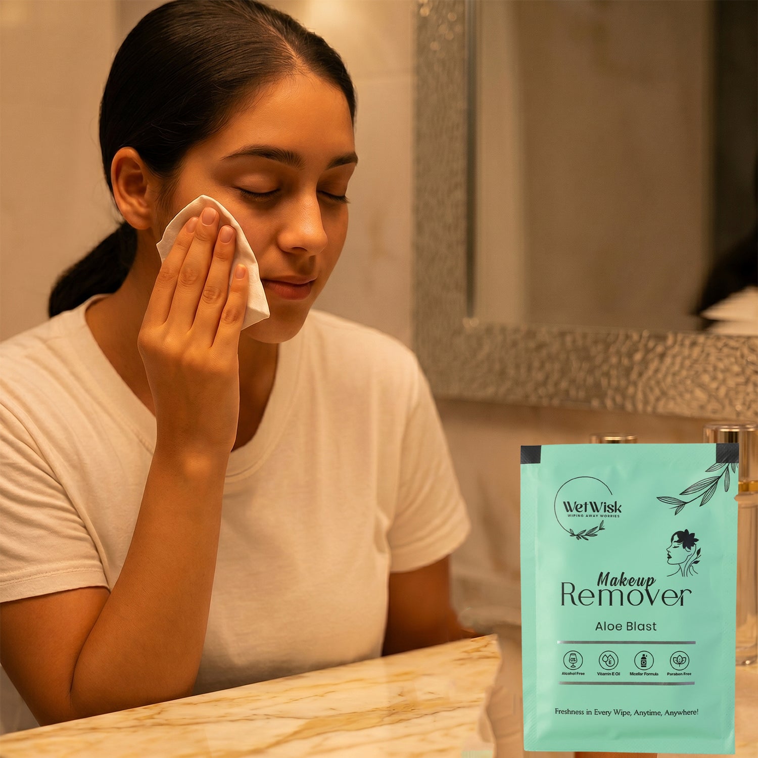 Wukusy makeup remover wet wipe for facial cleansing, showing a single soft, moist wipe with gentle cleansing ingredients.
