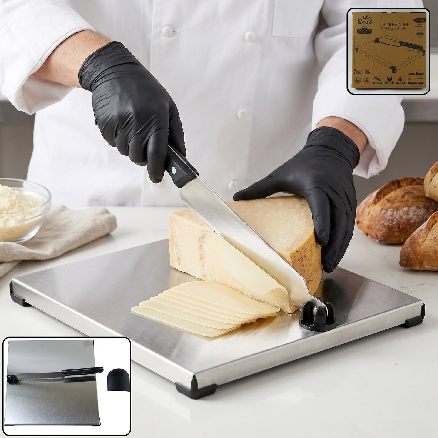 Wukusy stainless steel 2-in-1 cutting and chopping board with built-in knife, featuring a sleek design and versatile kitchen tool