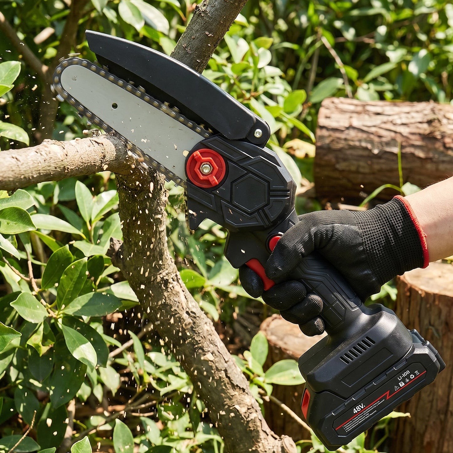 Wukusy mini electric cordless chainsaw with 48V battery for wood cutting, shown with blade and compact design.