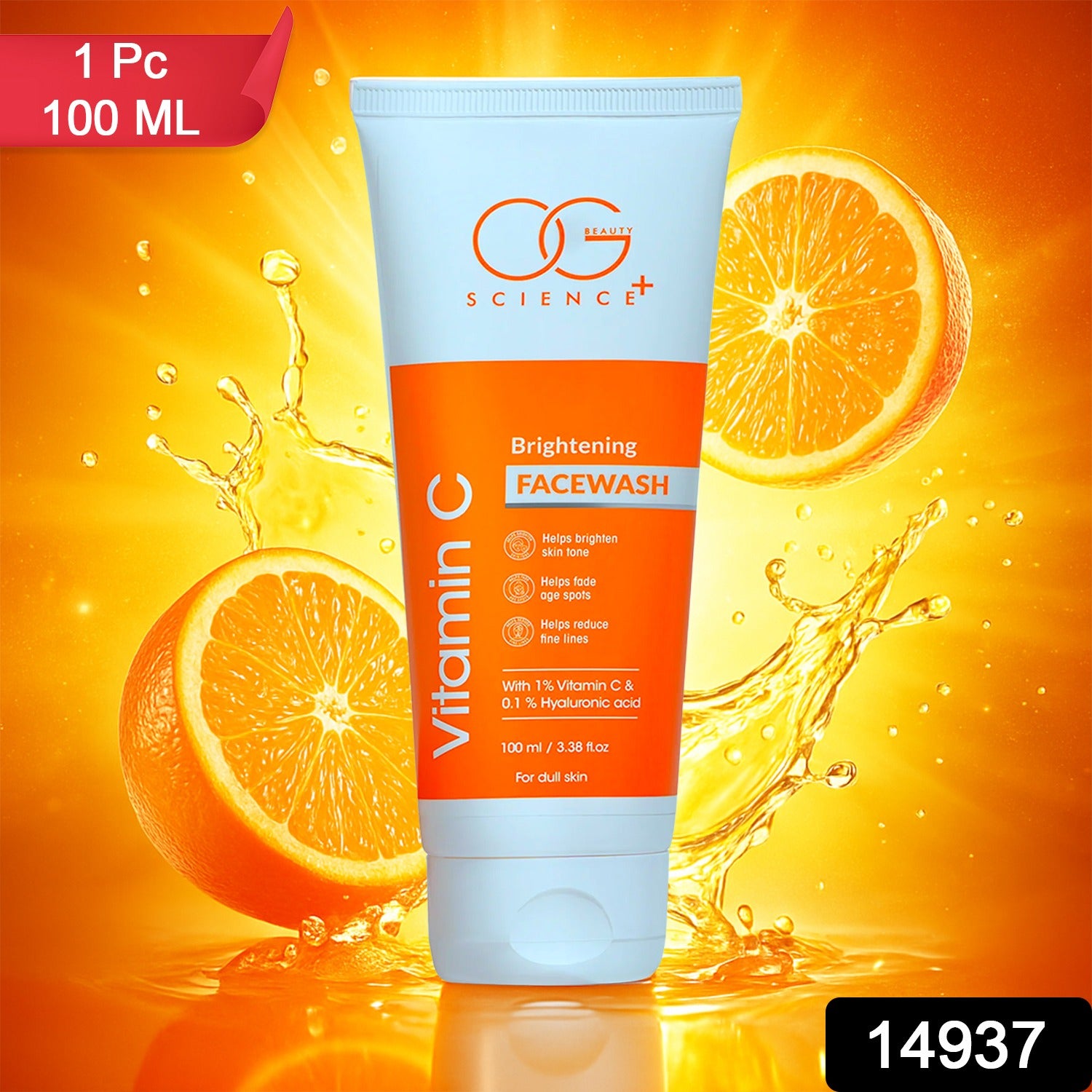 Wukusy Og Beauty Vitamin C Brightening Facewash bottle, 100ml, for healthy skin and radiant complexion in a clear plastic pump bottle.