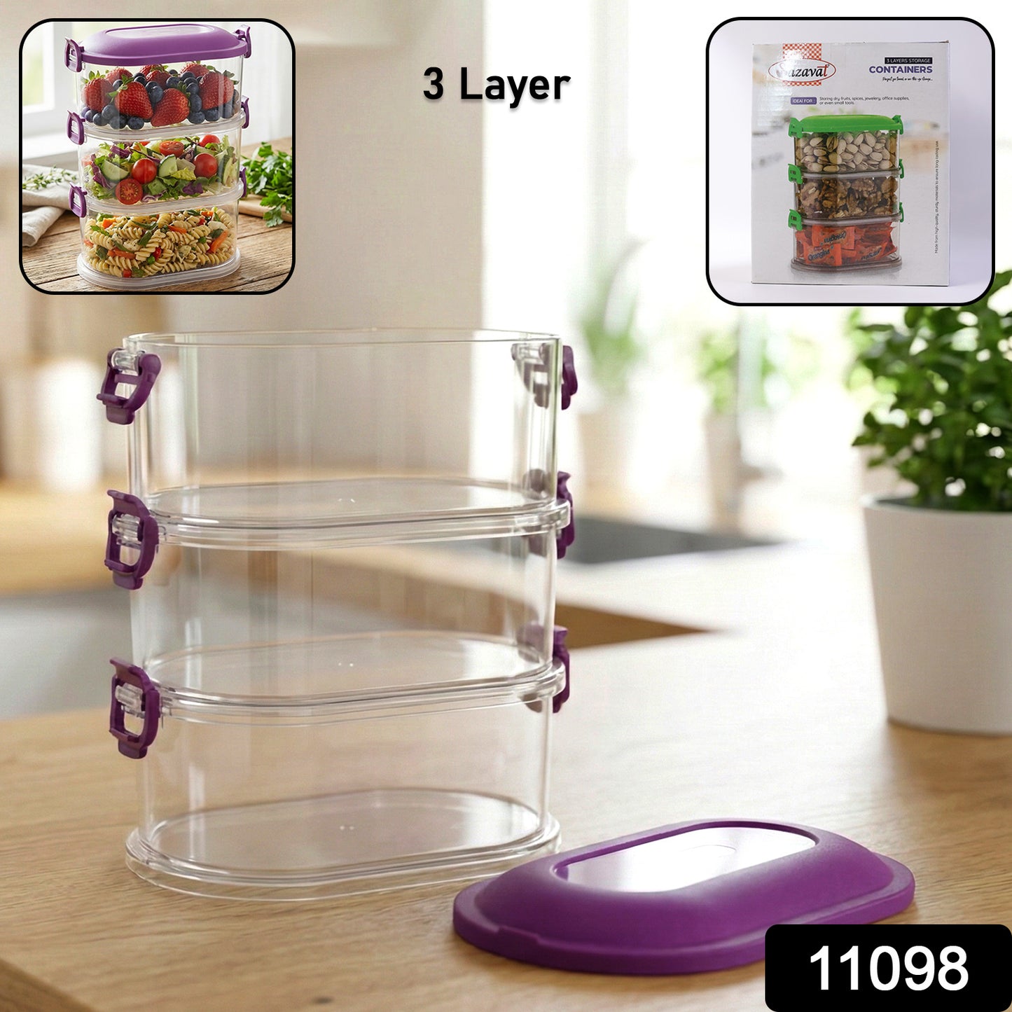 Wukusy 3-layer stackable airtight food storage containers set with clear lids and modular design for kitchen organization