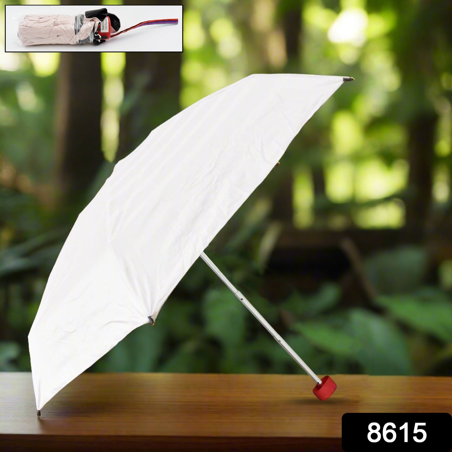 Wukusy 3-fold sun and rain protective solid foldable umbrella open, showing its compact design and sturdy construction for home use.