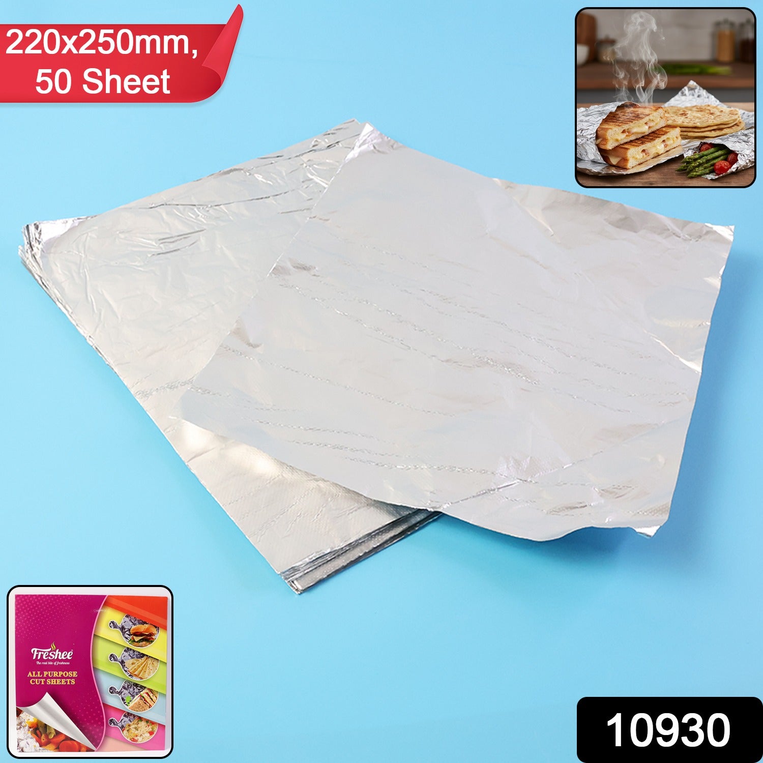 Wukusy aluminum foil cut sheets, 220x250 mm, 50 sheets for kitchen use, neatly stacked on a clean surface