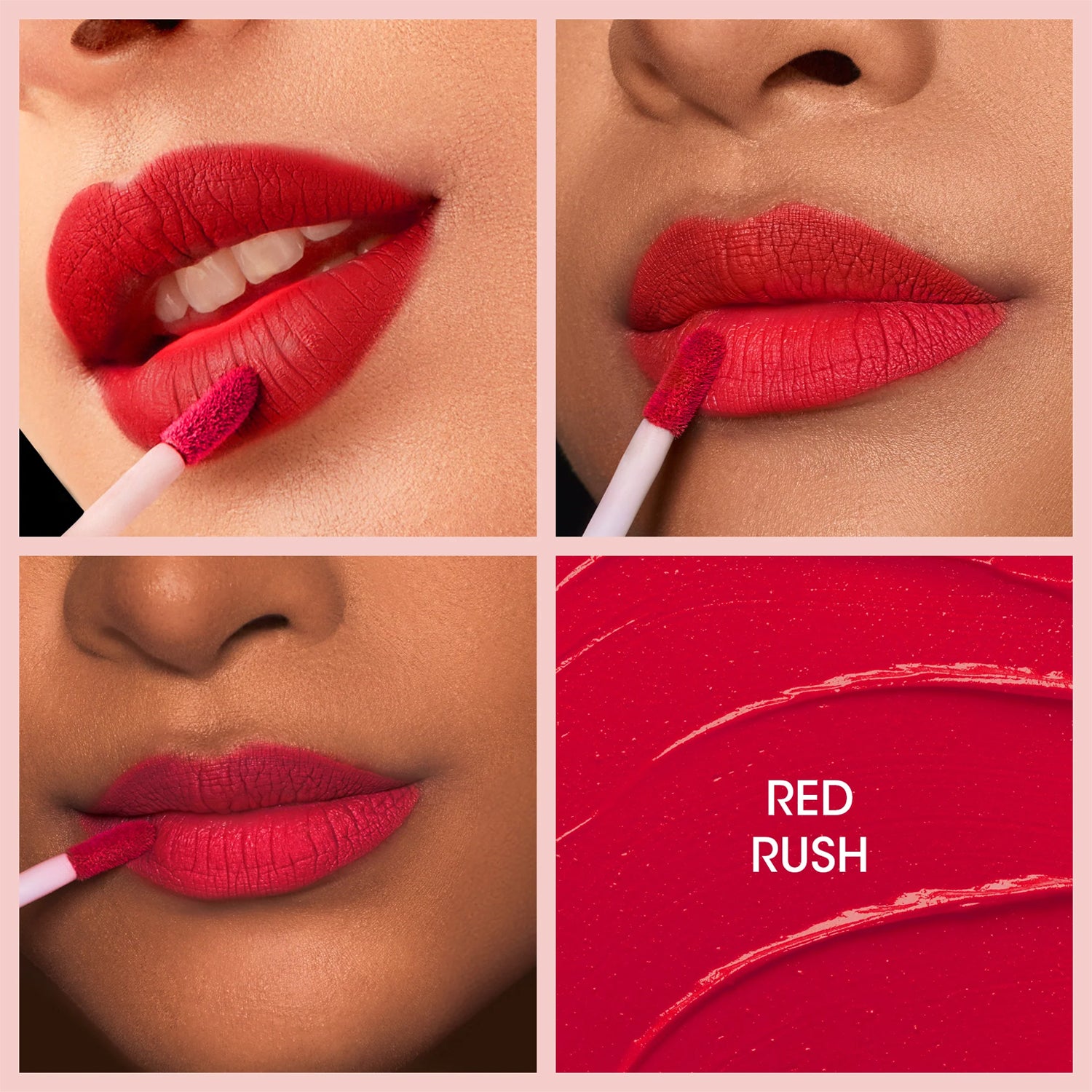 Wukusy Og Beauty Red Rush Moisture Lock Liquid Lipstick in 4.5ml, vibrant red color, applicator showing rich, smooth liquid lipstick