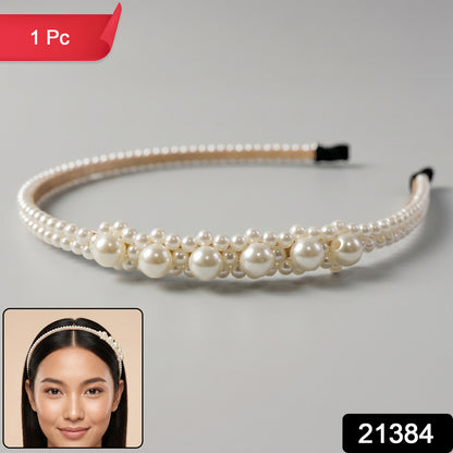 Wukusy pearl beaded designer hairband for women, stylish headband with pearl accents, shown in close-up image.