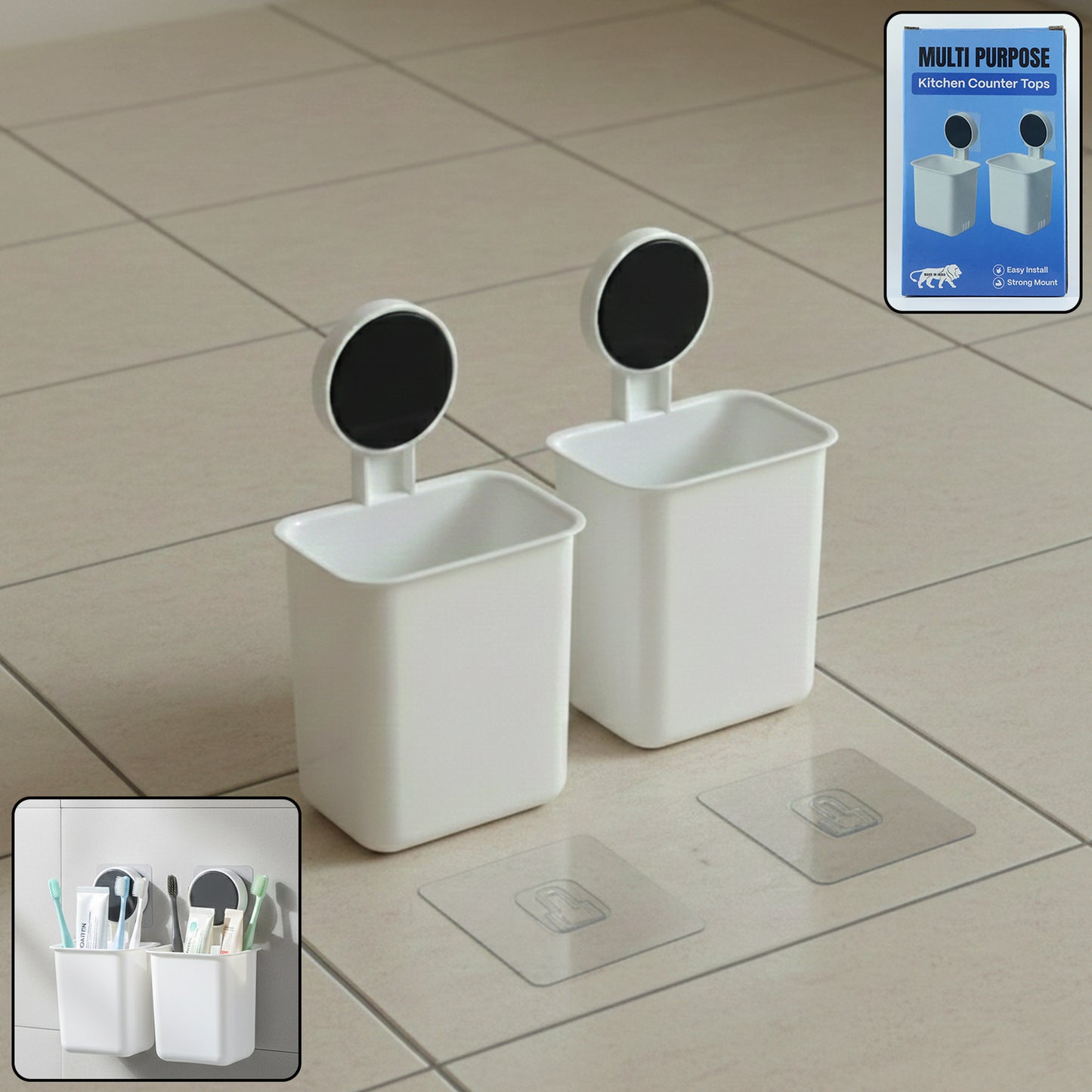 Two Wukusy wall-mounted plastic toothbrush holders with adhesive mounts for easy installation, perfect for bathroom organization.