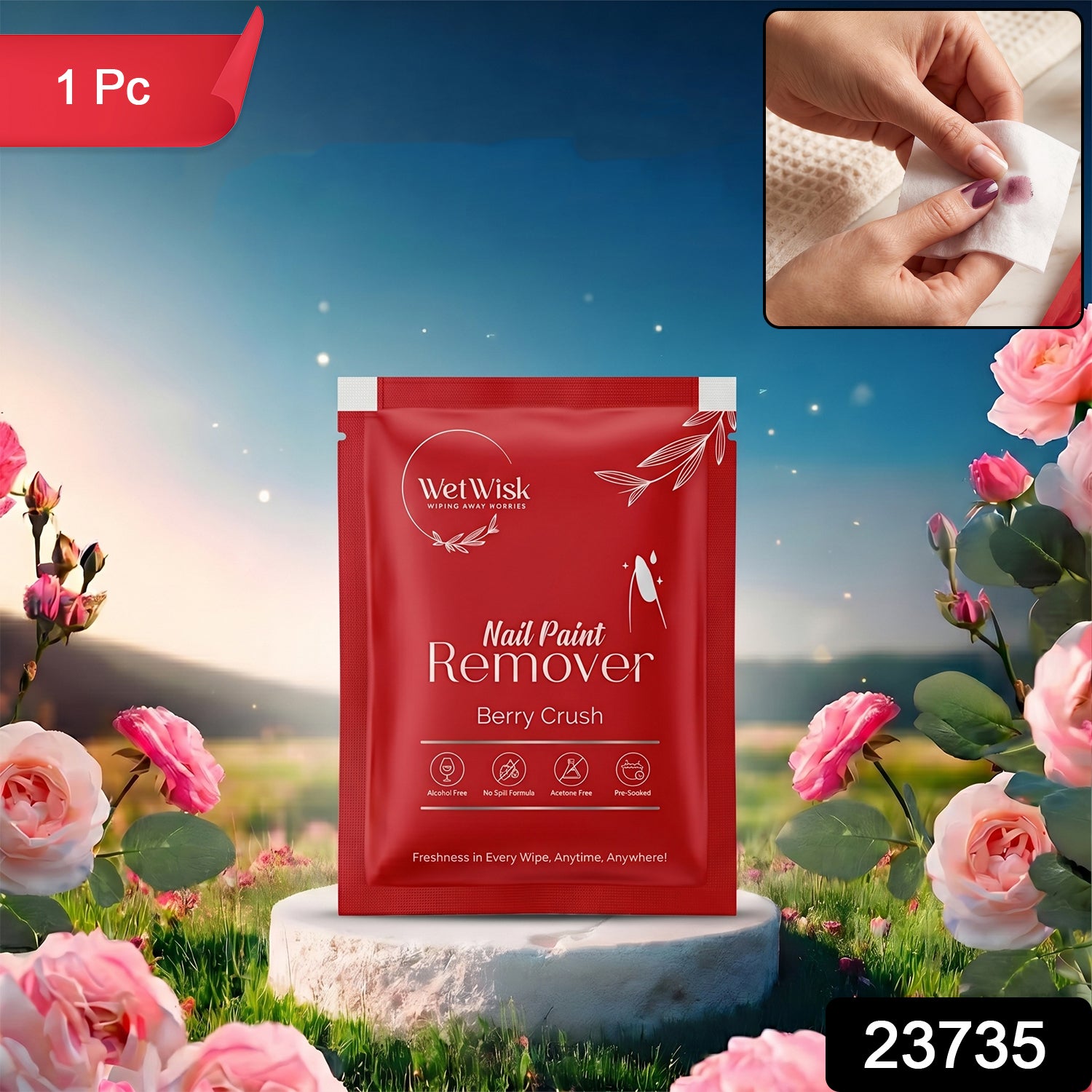 Wukusy acetone-free nail paint remover wet wipe showing gentle nail care formula and soft pad for easy polish removal