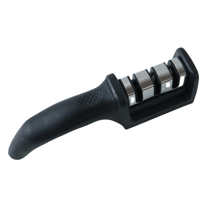Wukusy 3-stage manual knife sharpener for steel and ceramic knives, with ergonomic handle and multiple sharpening slots.