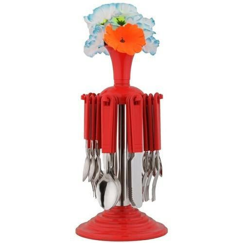 Wukusy 24-piece plastic and stainless steel cutlery set includes forks, knives, spoons, and teaspoons arranged neatly.