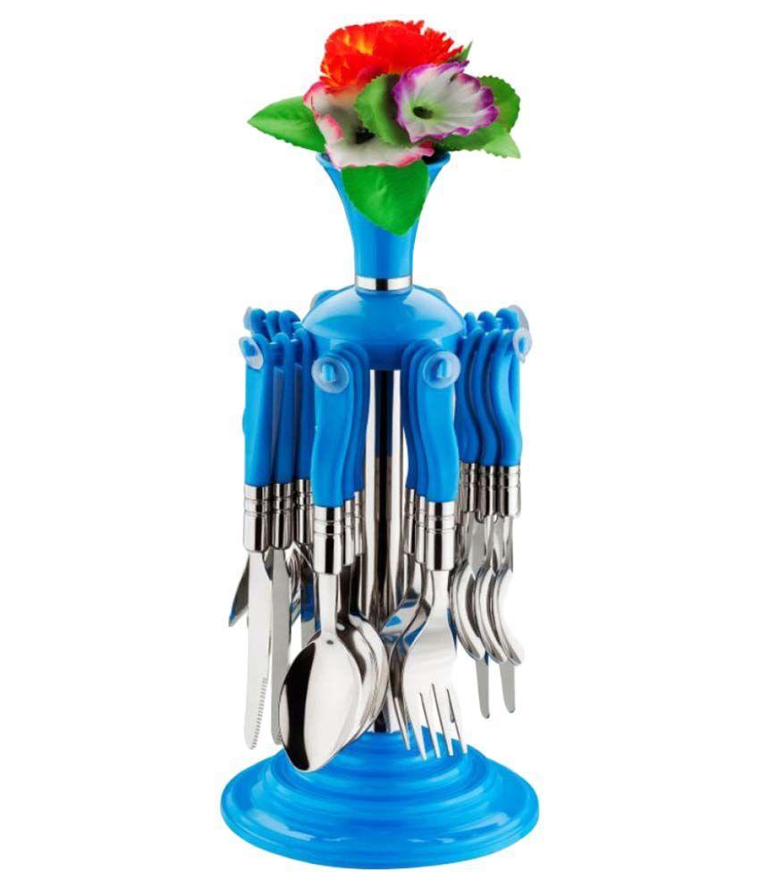 Wukusy 24-piece plastic and stainless steel cutlery set, including forks, knives, and spoons arranged on a white background.