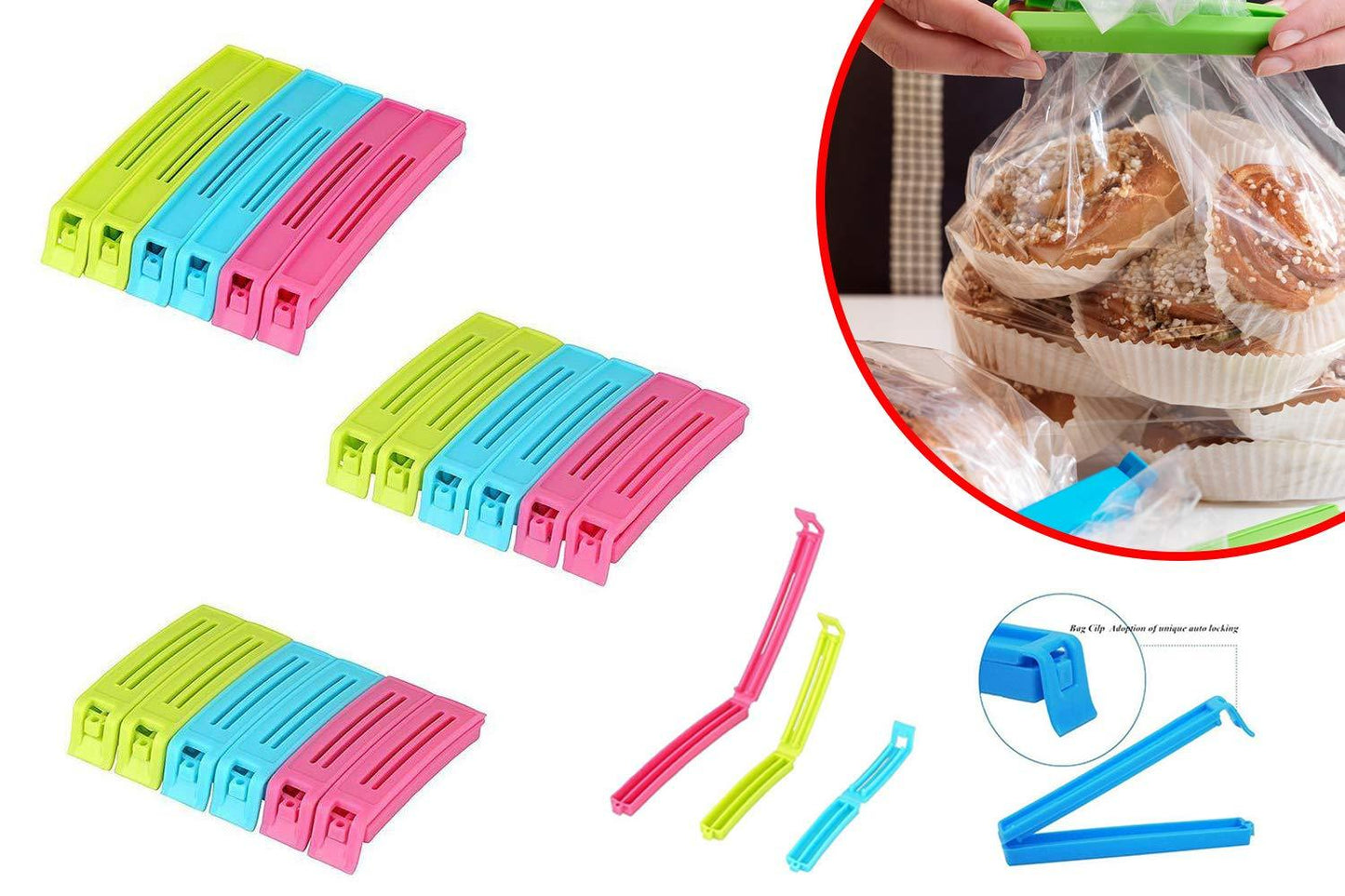 Colorful Wukusy 105-piece plastic snack bag clip sealer set for sealing and organizing food bags in home and kitchen.