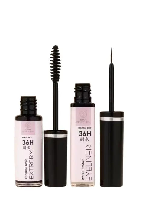 All Beauty waterproof eyeliner and volumizing mascara combo pack of 2, with black eyeliner and mascara brushes visible.