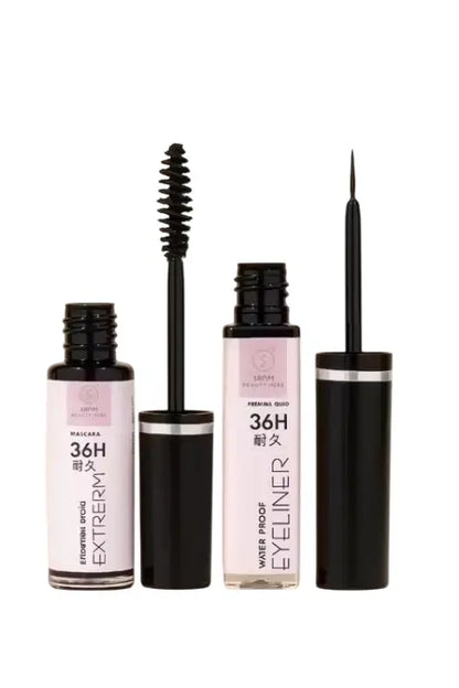 All Beauty waterproof eyeliner and volumizing mascara combo pack of 2, with black eyeliner and mascara brushes visible.