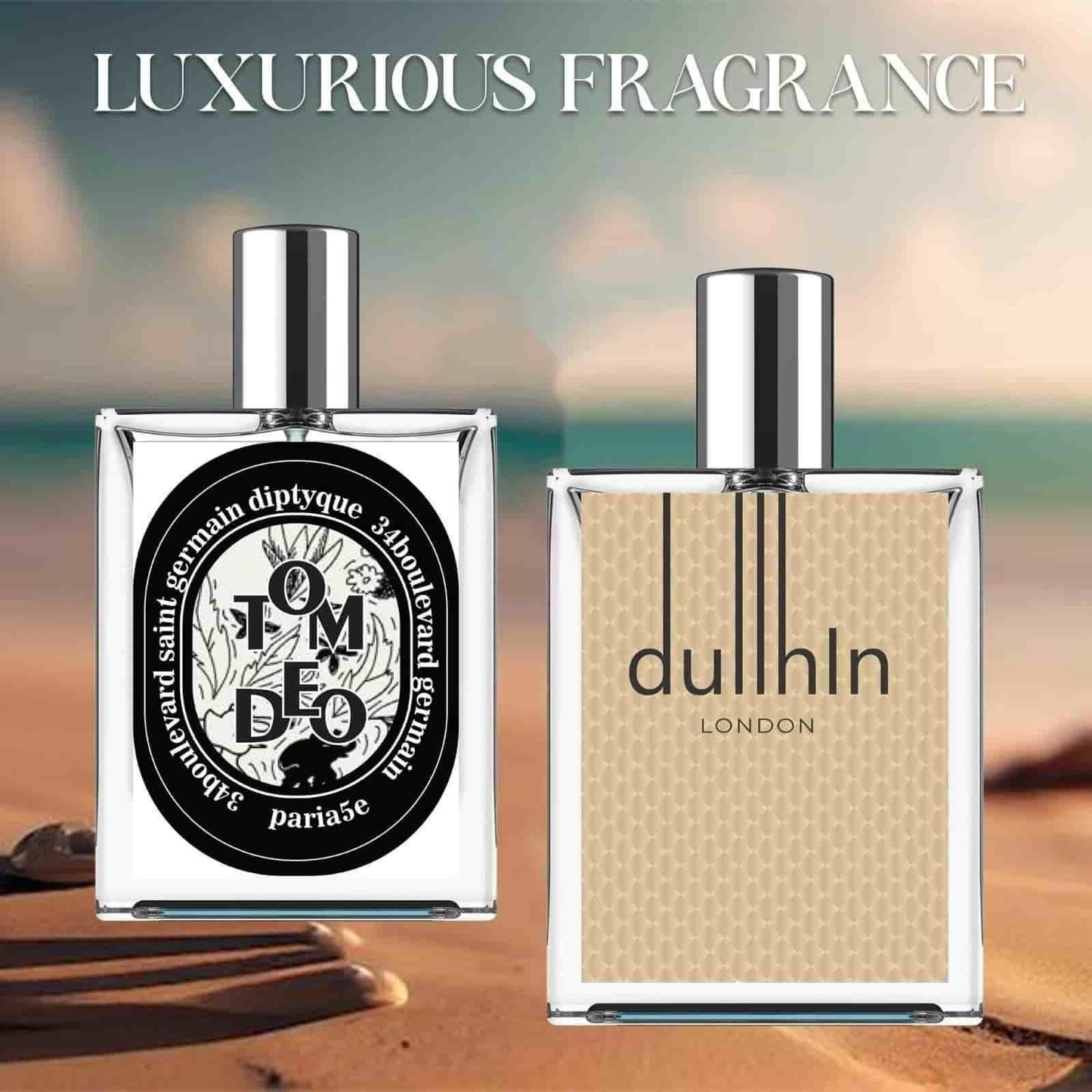 Dullhin London and Tom Deo men's perfumes combo, luxurious fragrances in elegant bottles, perfect for sophisticated style.