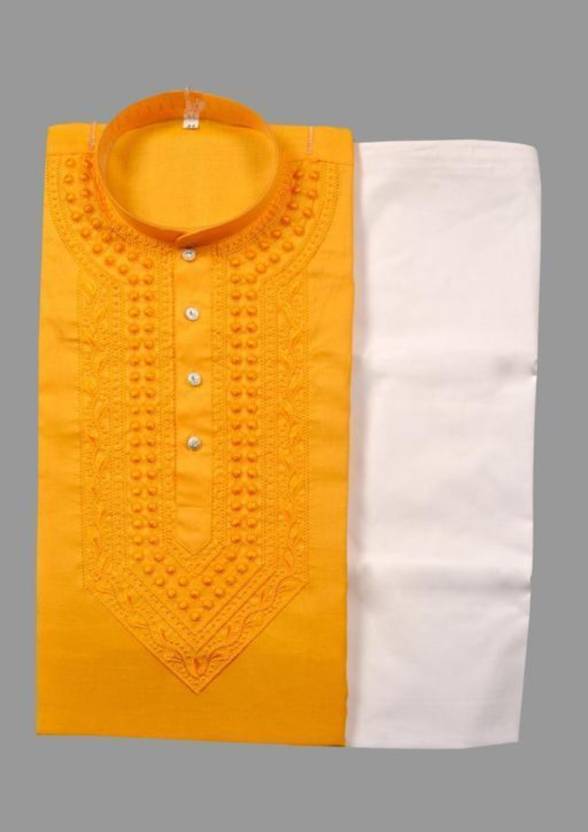 Men's yellow and white cotton embroidered kurta with matching pyjama in a traditional men's kurta set.