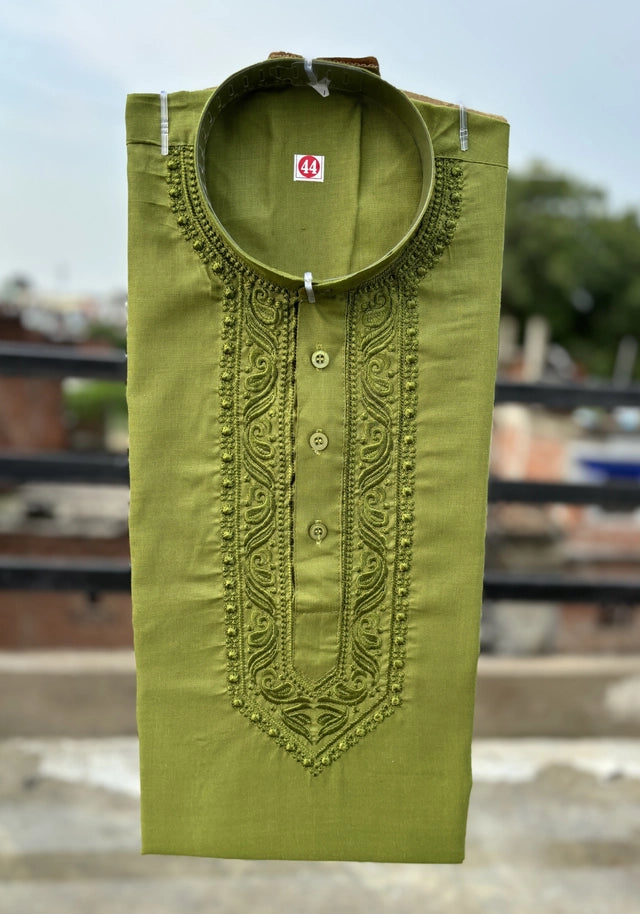 Green cotton embroidered men's kurta with intricate embroidery, traditional style, from the 11133 brand.