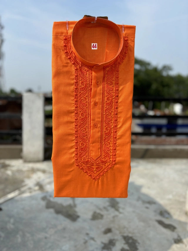 Orange cotton embroidered men's kurta by 11133 with intricate embroidery, traditional style, perfect for casual or festive wear.