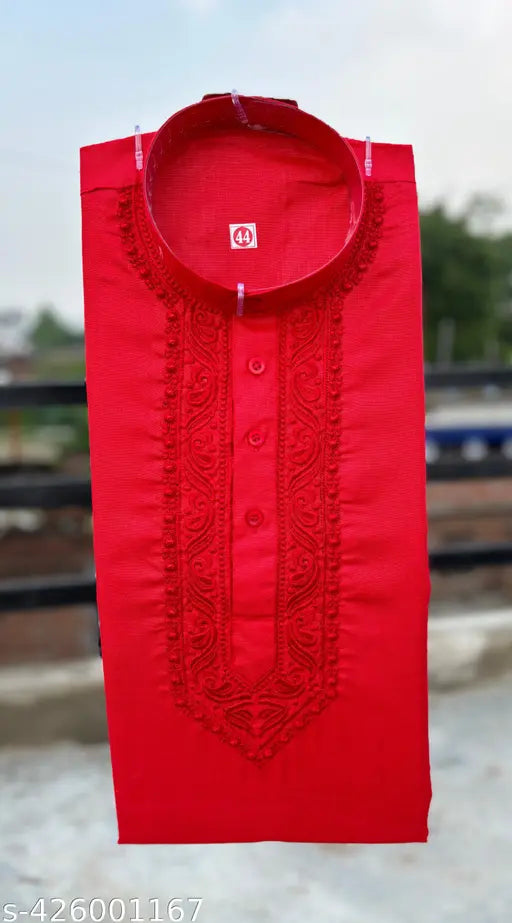 Red cotton embroidered men's kurta by 11133, showcasing intricate embroidery and traditional design for men.