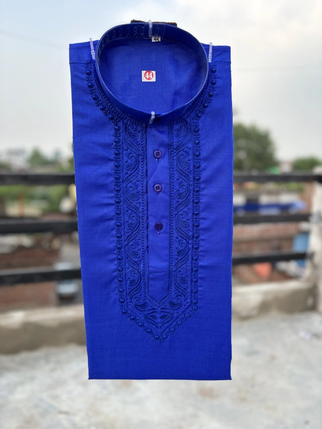 Royal blue cotton embroidered kurta for men with intricate embroidery, traditional Indian men's kurta by 11133.