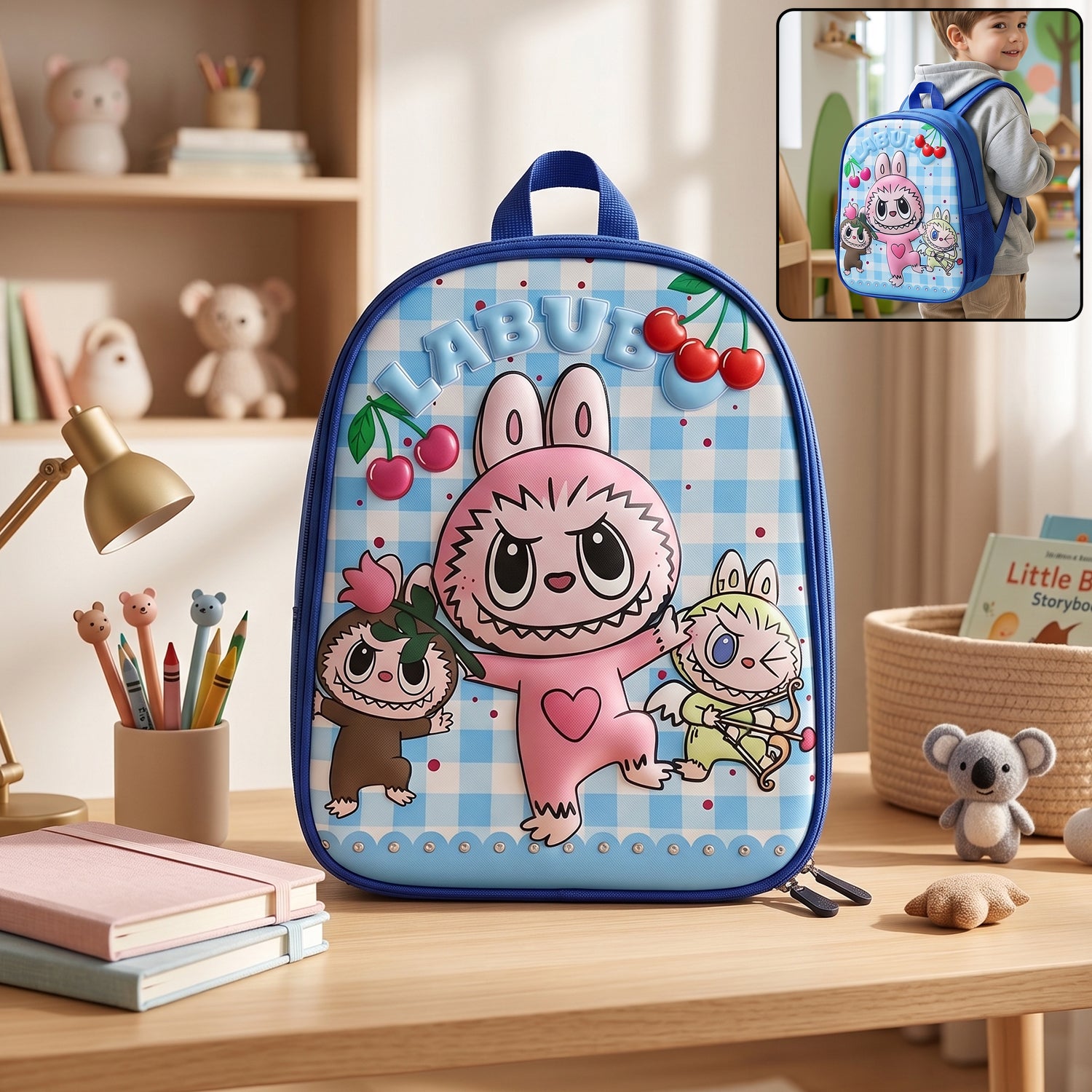Colorful cartoon printed kids school backpack by Wukusy, 12-inch size with adjustable straps and fun character design.