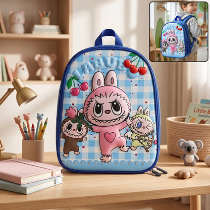 Colorful cartoon printed kids school backpack by Wukusy, 12-inch size with adjustable straps and fun character design.