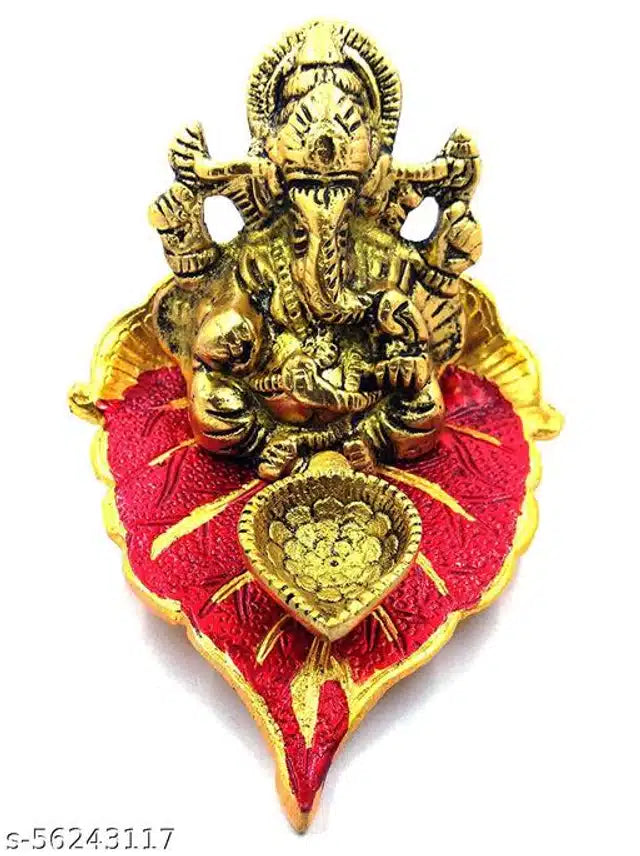 Brass and red God Ganeshji diya set with traditional design, perfect for religious puja and festive decoration.