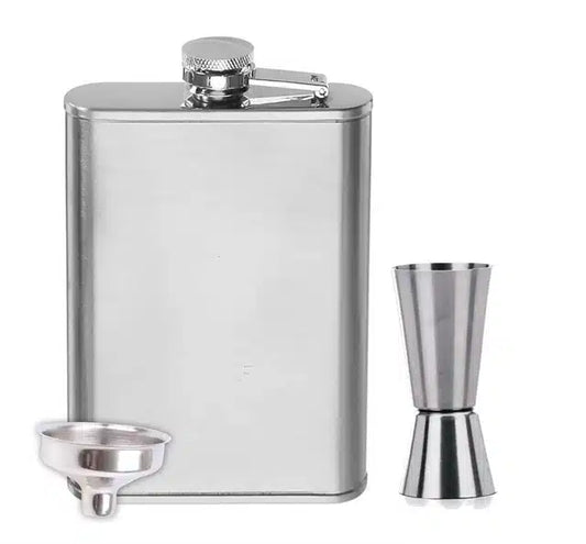 Silver stainless steel pocket liquor hip flask with funnel, designed for easy carrying and discreet storage of beverages.
