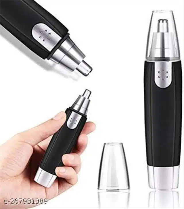Plastic 3-in-1 electric nose and ear hair trimmer in black and silver by 11853, showing its compact design and attachments.