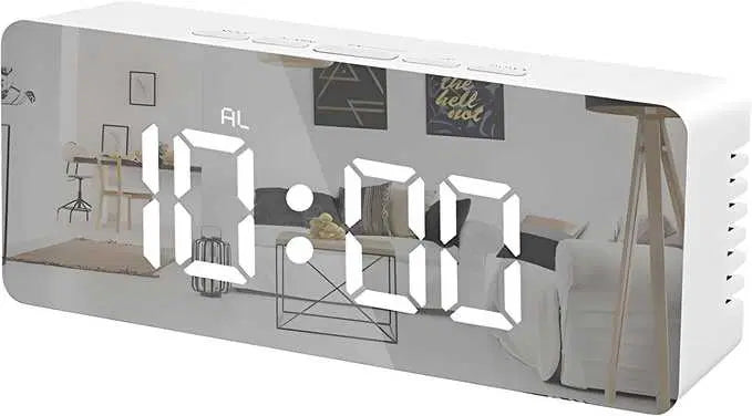 Digital alarm clock with LED display, snooze, dimmer control, battery support, suitable for bedroom, office, or travel use.