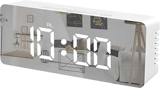 Digital alarm clock with LED display, snooze, dimmer control, battery support, suitable for bedroom, office, or travel use.