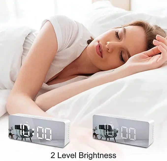 Digital alarm clock with LED display, snooze, dimmer, and battery support, designed for bedrooms, travel, and office use.