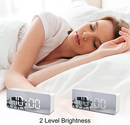 Digital alarm clock with LED display, snooze, dimmer, and battery support, designed for bedrooms, travel, and office use.