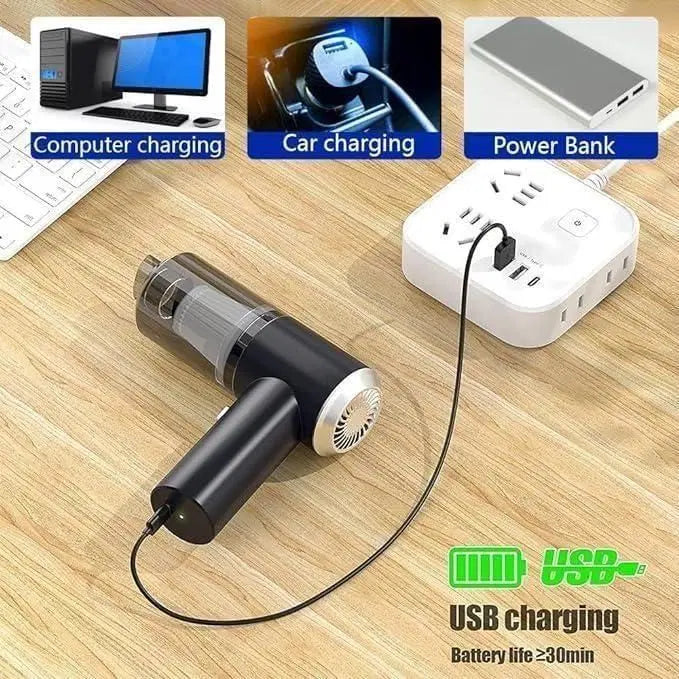 Wireless portable car vacuum cleaner with suction nozzle and dust container, ideal for cleaning car interiors.