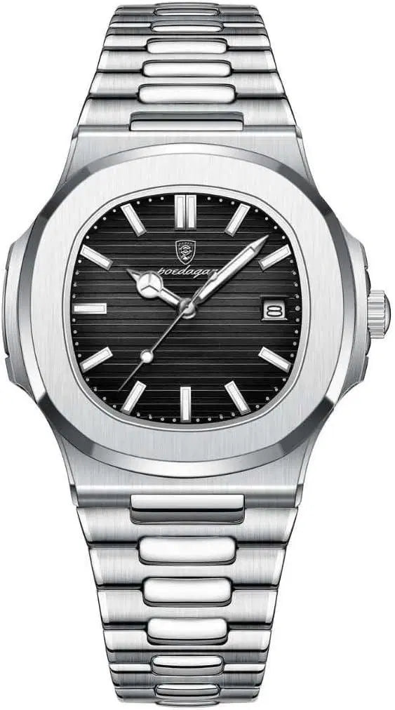 Luxury stainless steel men's analog watch by 1238 showing a sleek round dial and metal band.