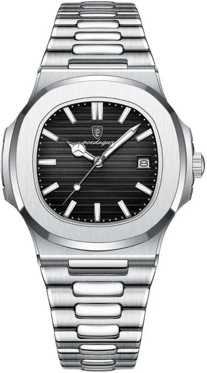 Luxury stainless steel men's analog watch by 1238 showing a sleek round dial and metal band.