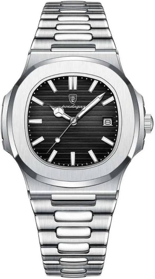 Luxury stainless steel men's analog watch by 1238 showing a sleek round dial and metal band.